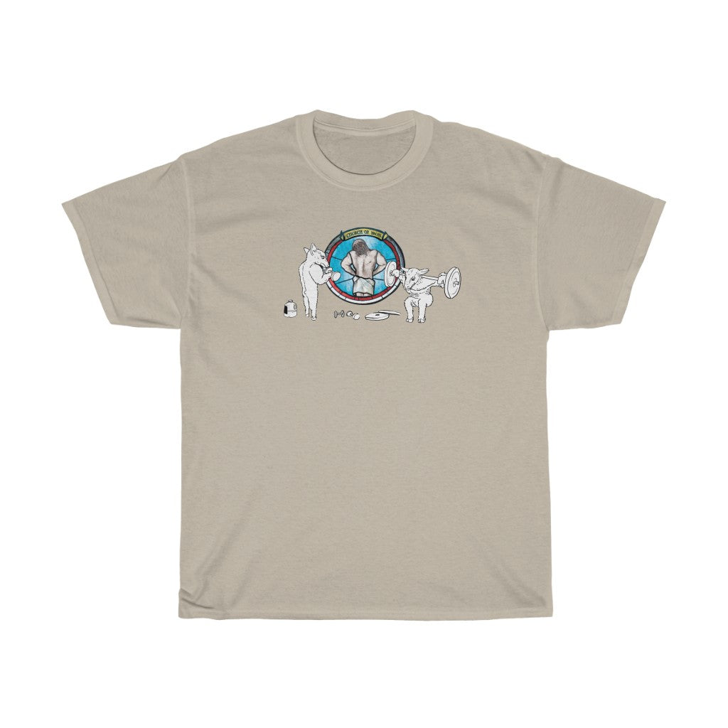 "CHURCH OF IRON" Jesus lat spread gym t