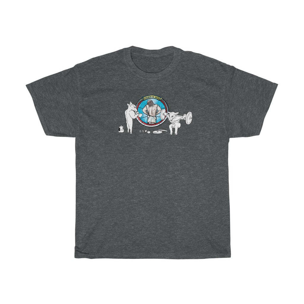 "CHURCH OF IRON" Jesus lat spread gym t