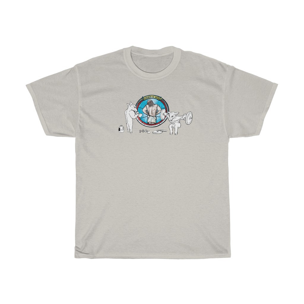 "CHURCH OF IRON" Jesus lat spread gym t