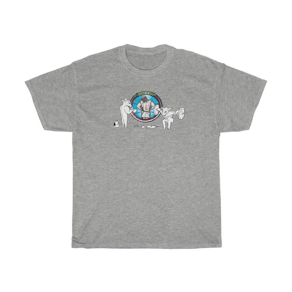 "CHURCH OF IRON" Jesus lat spread gym t
