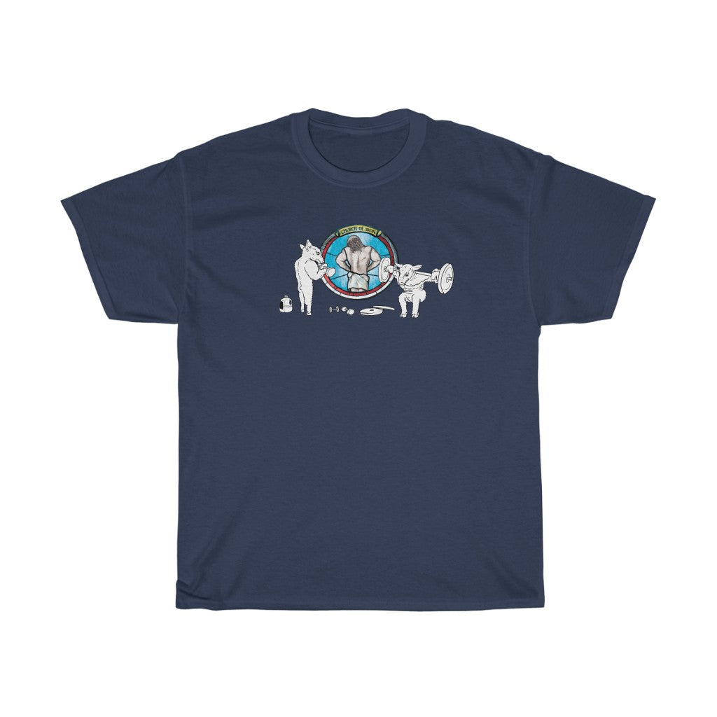 "CHURCH OF IRON" Jesus lat spread gym t