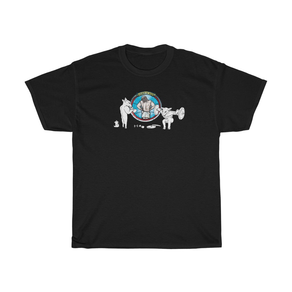 "CHURCH OF IRON" Jesus lat spread gym t