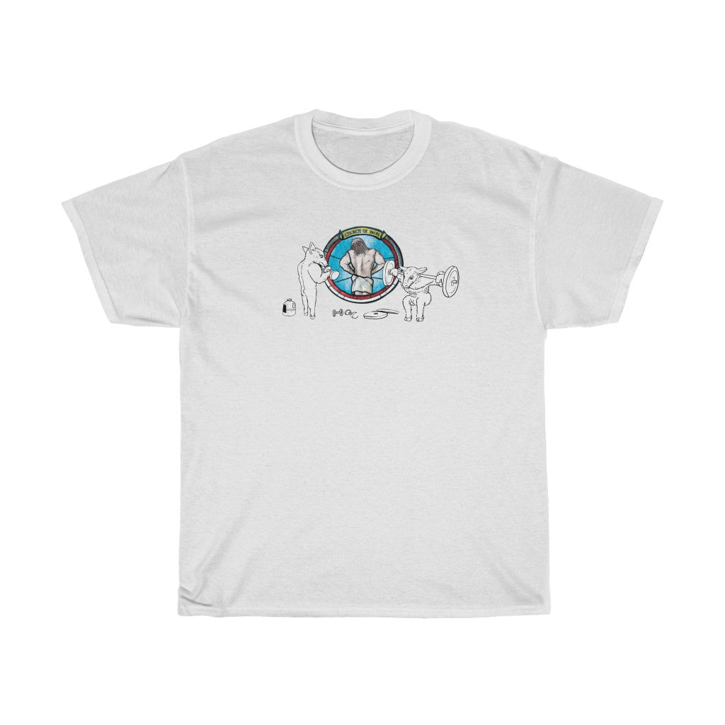 "CHURCH OF IRON" Jesus lat spread gym t