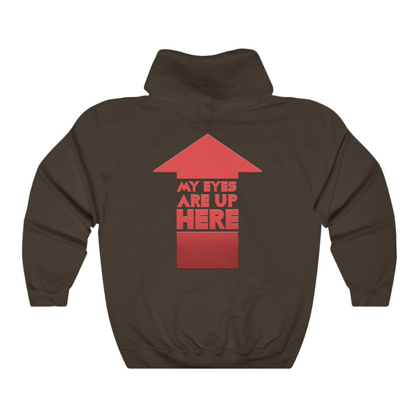"MY EYES ARE UP HERE" arrow on back hoodie