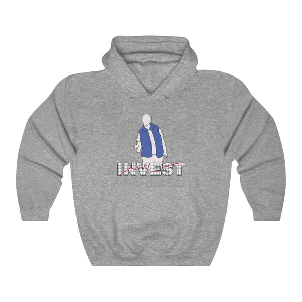 "INVEST" man in vest hoodie