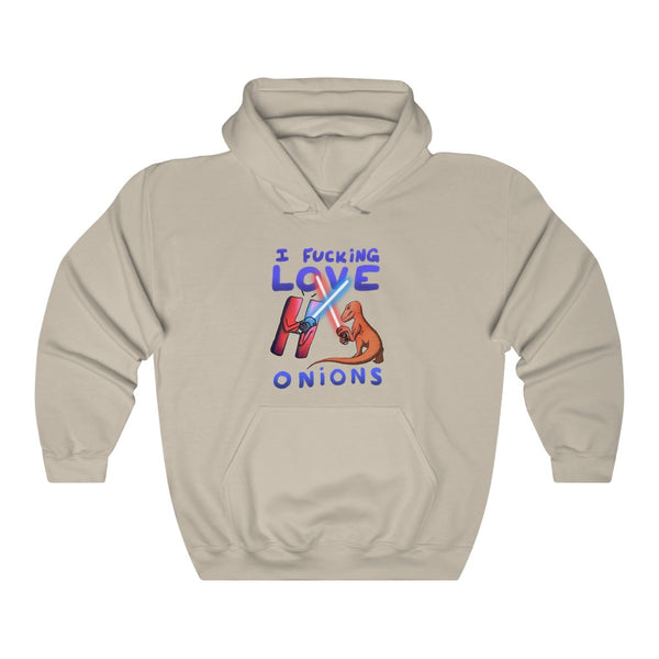 "I FUCKING LOVE ONIONS" velociraptor vs the letter h lightsaber battle hoodie