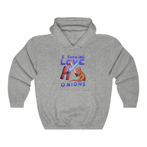 "I FUCKING LOVE ONIONS" velociraptor vs the letter h lightsaber battle hoodie