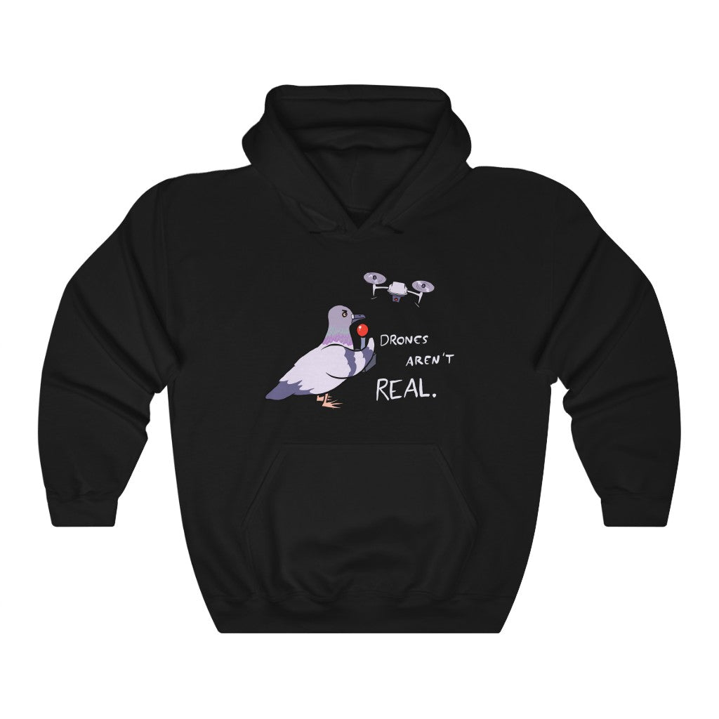 "Drones Aren't Real" pigeon flying a drone hoodie